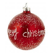 Χριστουγεννιάτικη Γυάλινη Μπάλα Κόκκινη Γυαλιστερή με Λευκό "Merry Christmas" (8cm)